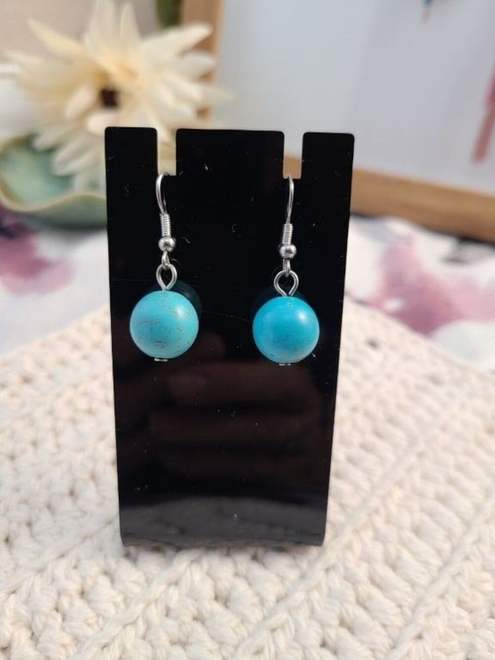 Turquoise Bead Drop Earrings Silver Tone Hook Handmade Boho Dangle Jewelry